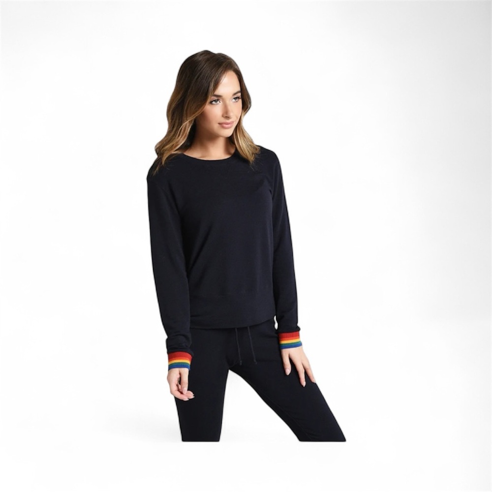 Monrow Navy Crewneck Sweatshirt with Rainbow Cuff